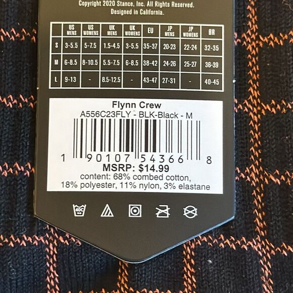STANCE UNISEX SOCKS THE FLYNN IN CREW HEIGHT WITH INFIKNIT IN SIZE MEDIUM BLACK - Picture 8 of 8